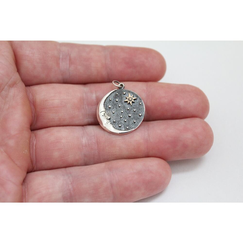 Sterling Silver Crescent Moon Face Pendant with Bronze Star